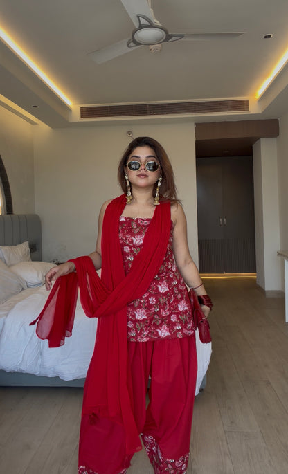 RUKHSAR RED FLORAL FARSHI SET WITH DUPATTA