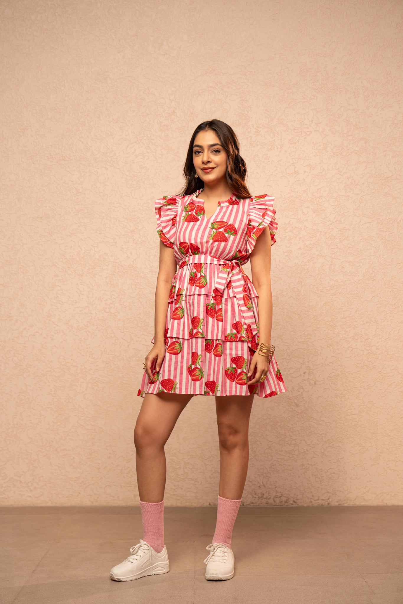 ROSE PINK STRIPE PRINTED RUFFLE SHORT DRESS