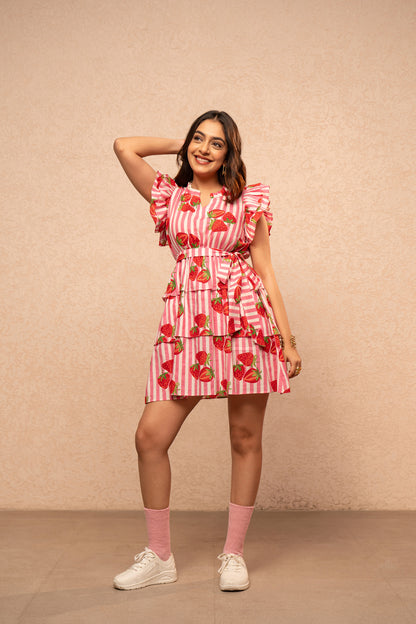 ROSE PINK STRIPE PRINTED RUFFLE SHORT DRESS