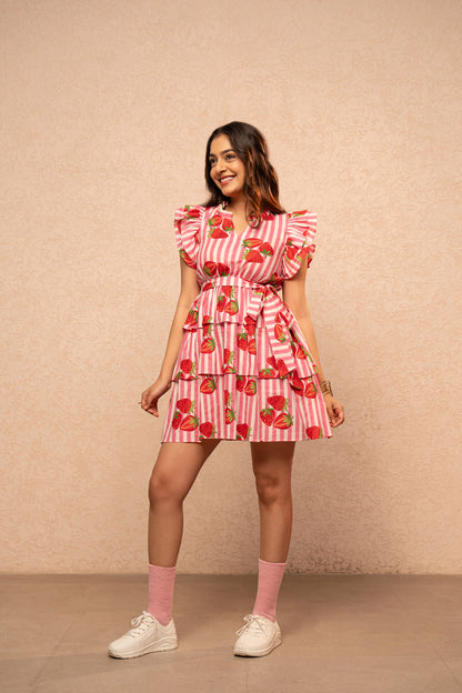 ROSE PINK STRIPE PRINTED RUFFLE SHORT DRESS