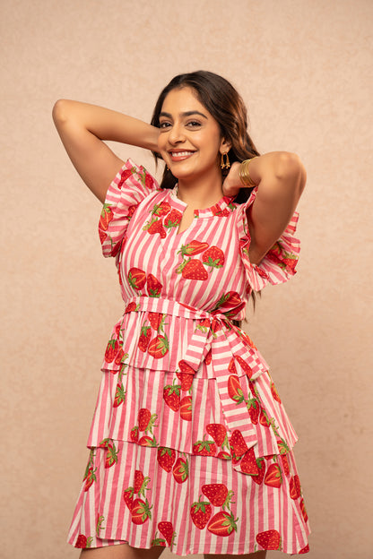 ROSE PINK STRIPE PRINTED RUFFLE SHORT DRESS