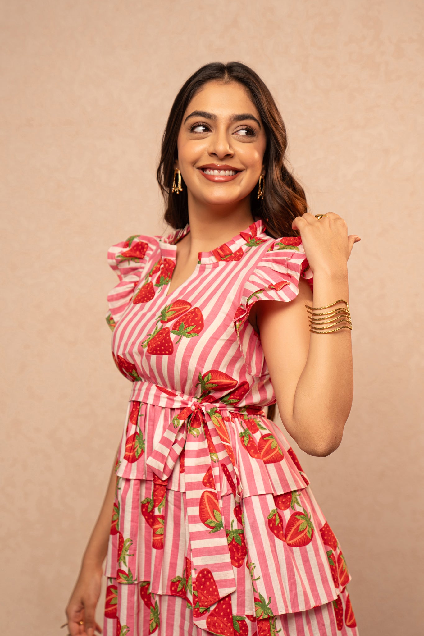 ROSE PINK STRIPE PRINTED RUFFLE SHORT DRESS