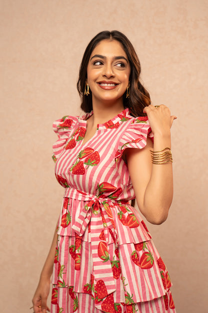 ROSE PINK STRIPE PRINTED RUFFLE SHORT DRESS