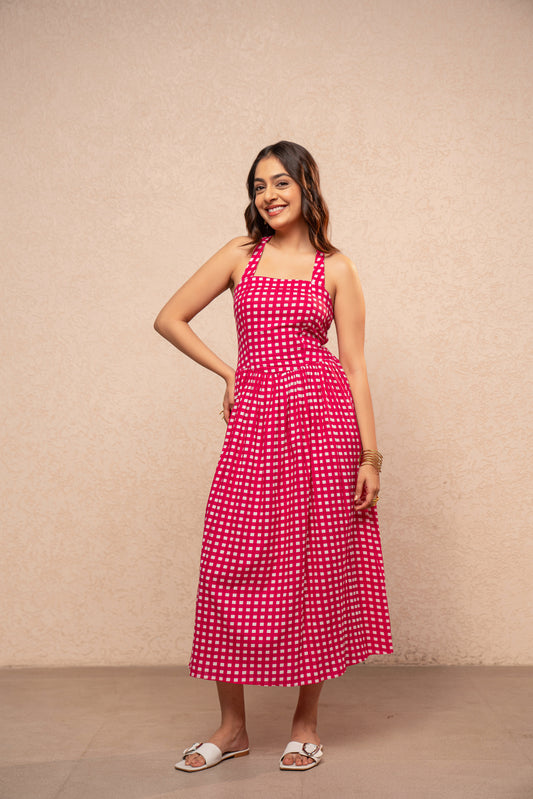 MAAHI PINK GINGHAM A-LINE DRESS