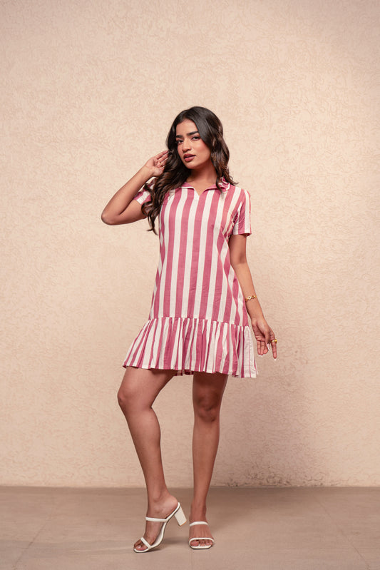 VEYA PINK STRIPED SHORT DRESS