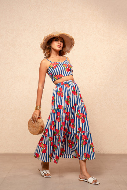 CLAIRE BLUE PRINTED STRIPED COORD SET