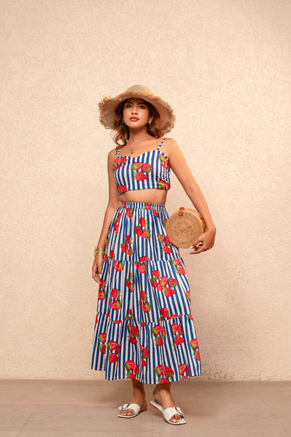 CLAIRE BLUE PRINTED STRIPED COORD SET