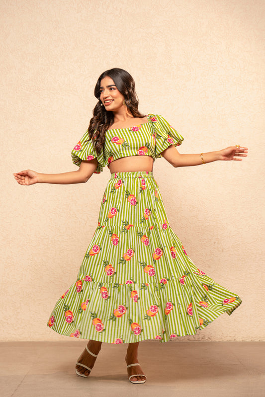 EDWINA GREEN PRINTED STRIPED COORD SET