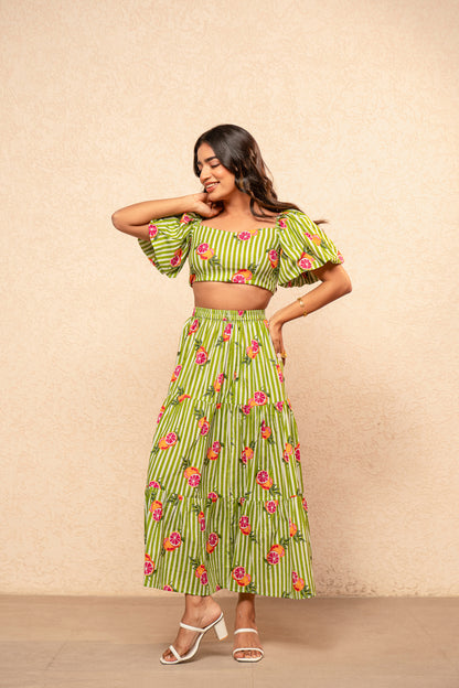 EDWINA GREEN PRINTED STRIPED COORD SET