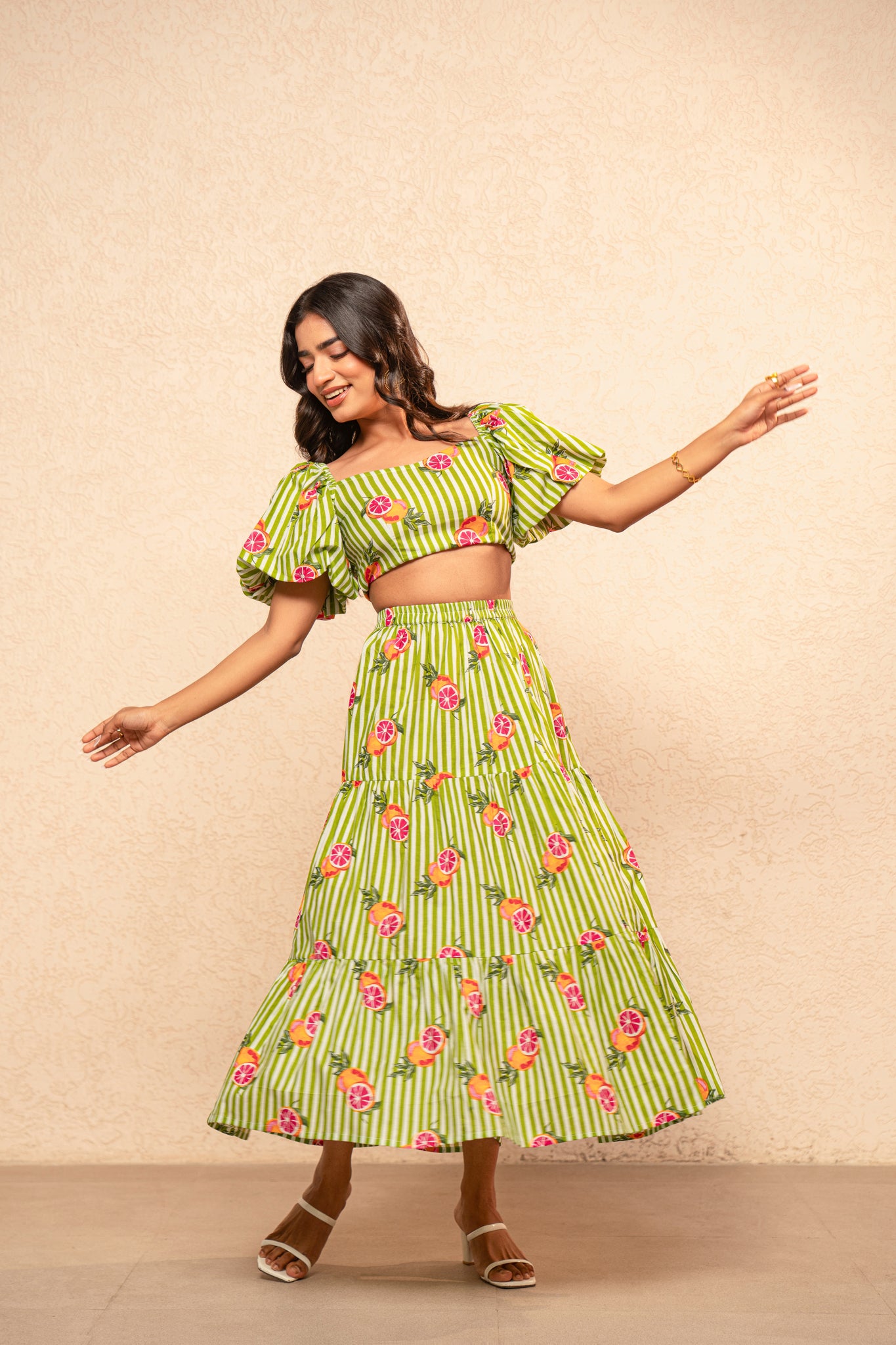 EDWINA GREEN PRINTED STRIPED COORD SET