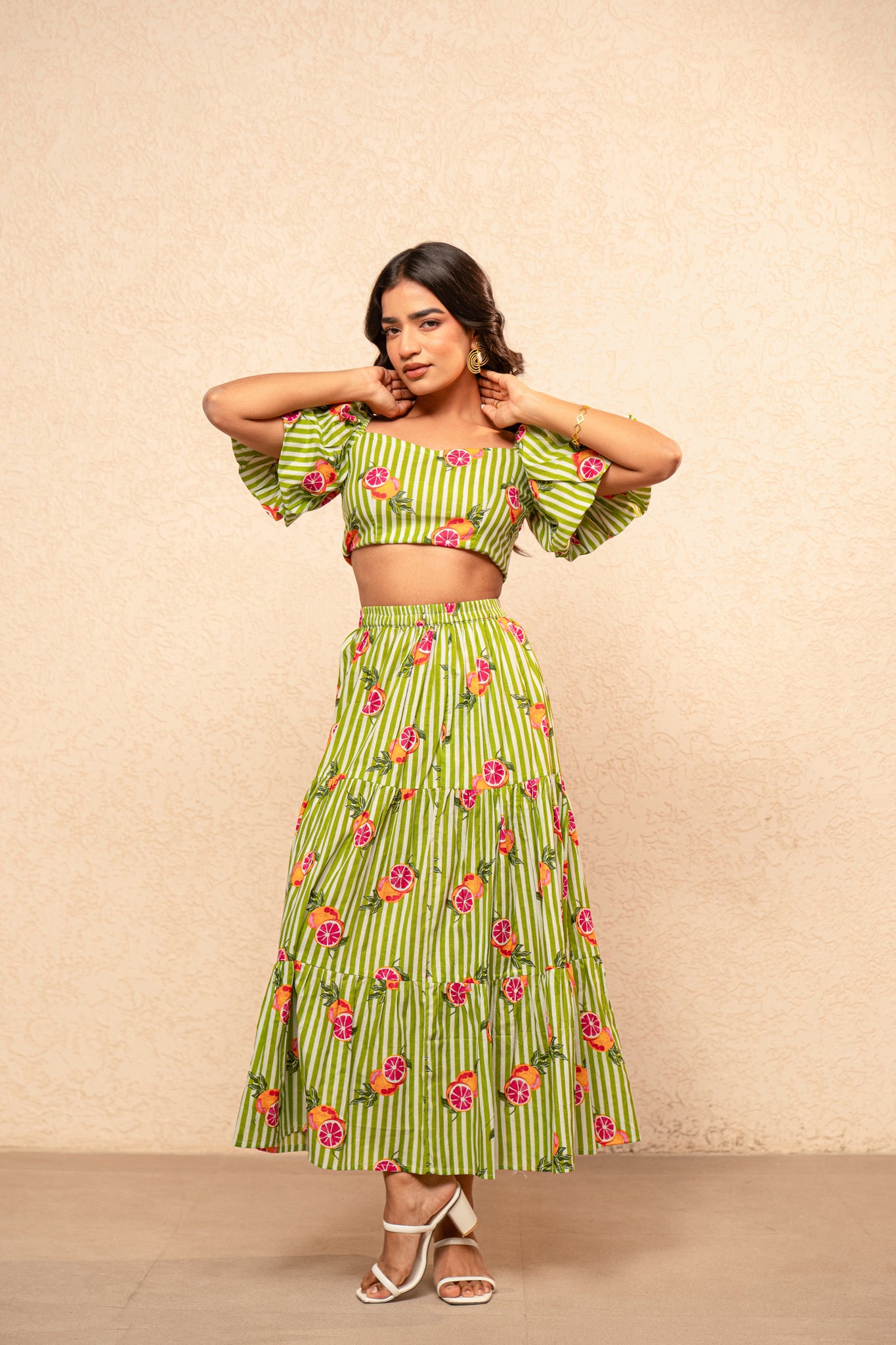 EDWINA GREEN PRINTED STRIPED COORD SET