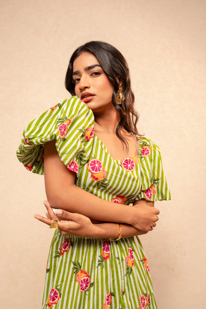 EDWINA GREEN PRINTED STRIPED COORD SET