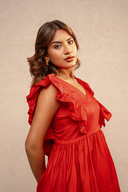 NIMI RED RUFFLED SLEEVES SHORT DRESS
