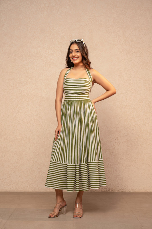 AVIRA GREEN STRIPED HALTER NECK A-LINE MIDI DRESS