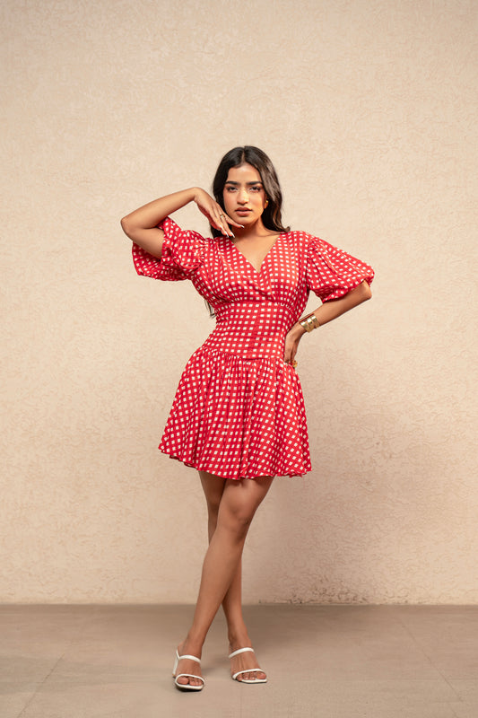 AAHI RED GINGHAM SHORT DRESS