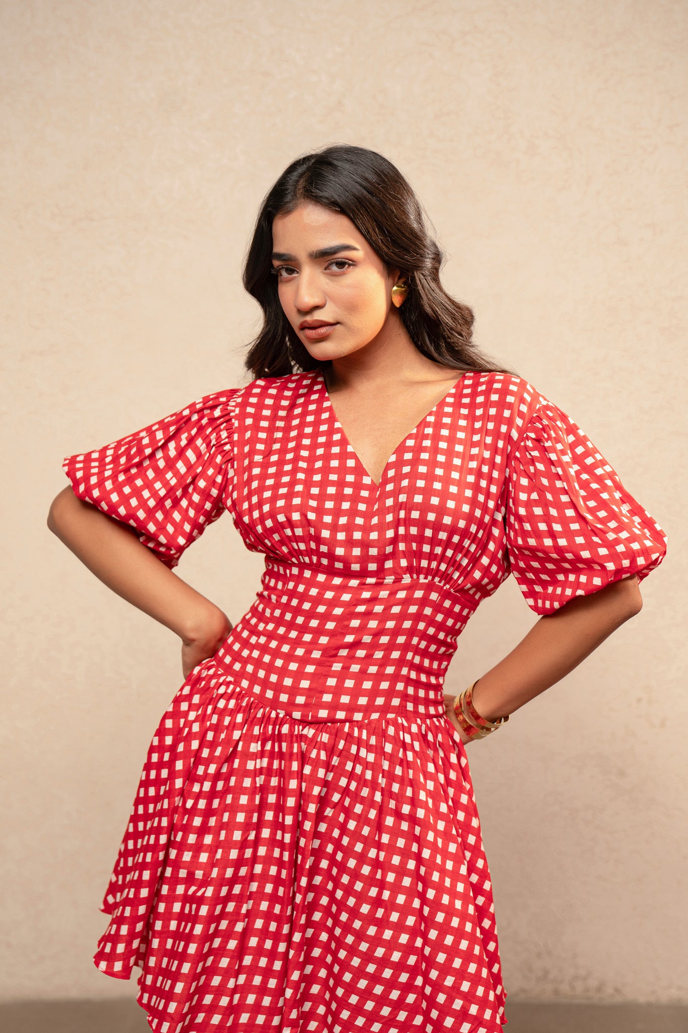 AAHI RED GINGHAM SHORT DRESS