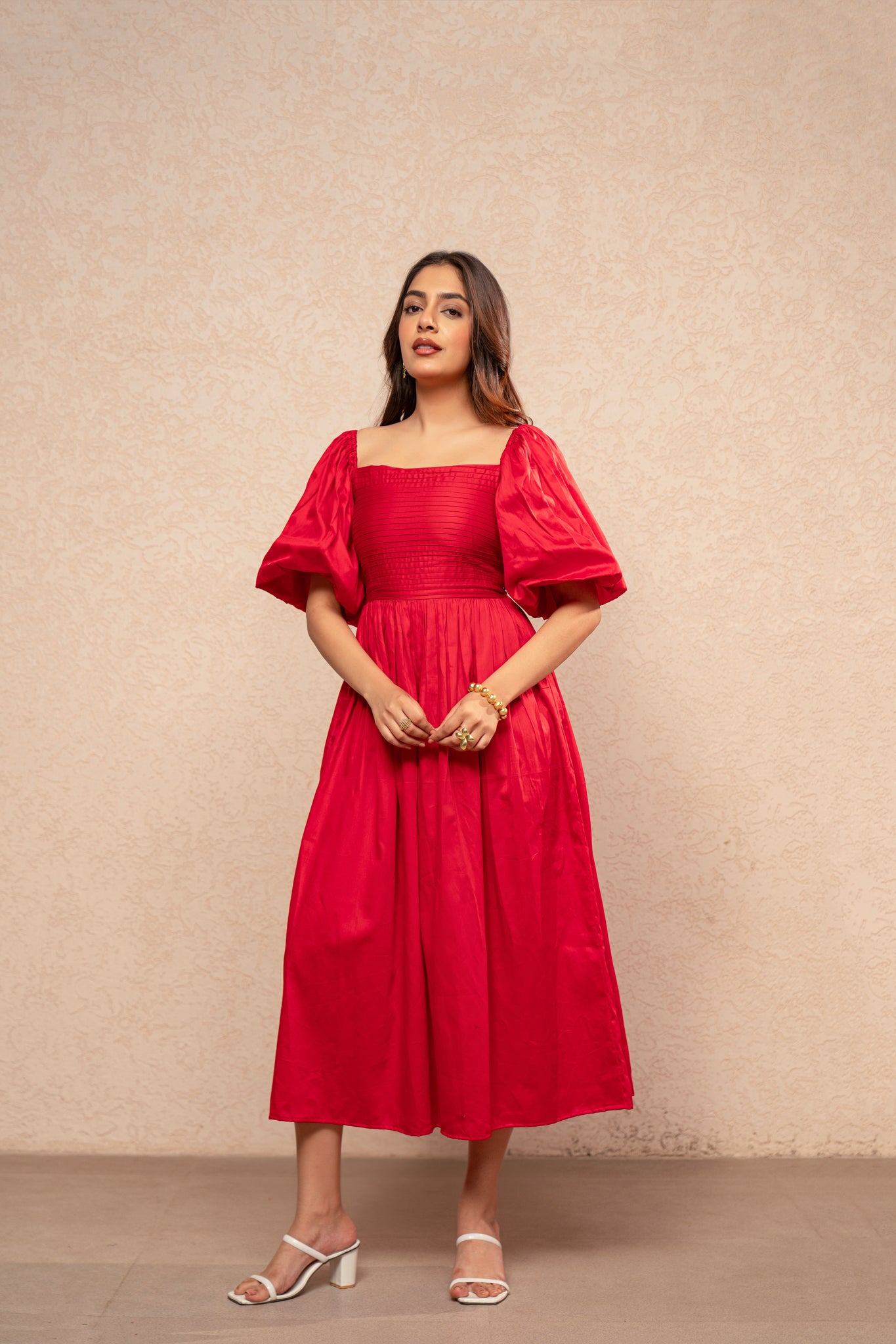 VIYARA RED COTTON A-LINE DRESS