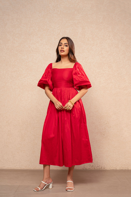 VIYARA RED COTTON A-LINE DRESS