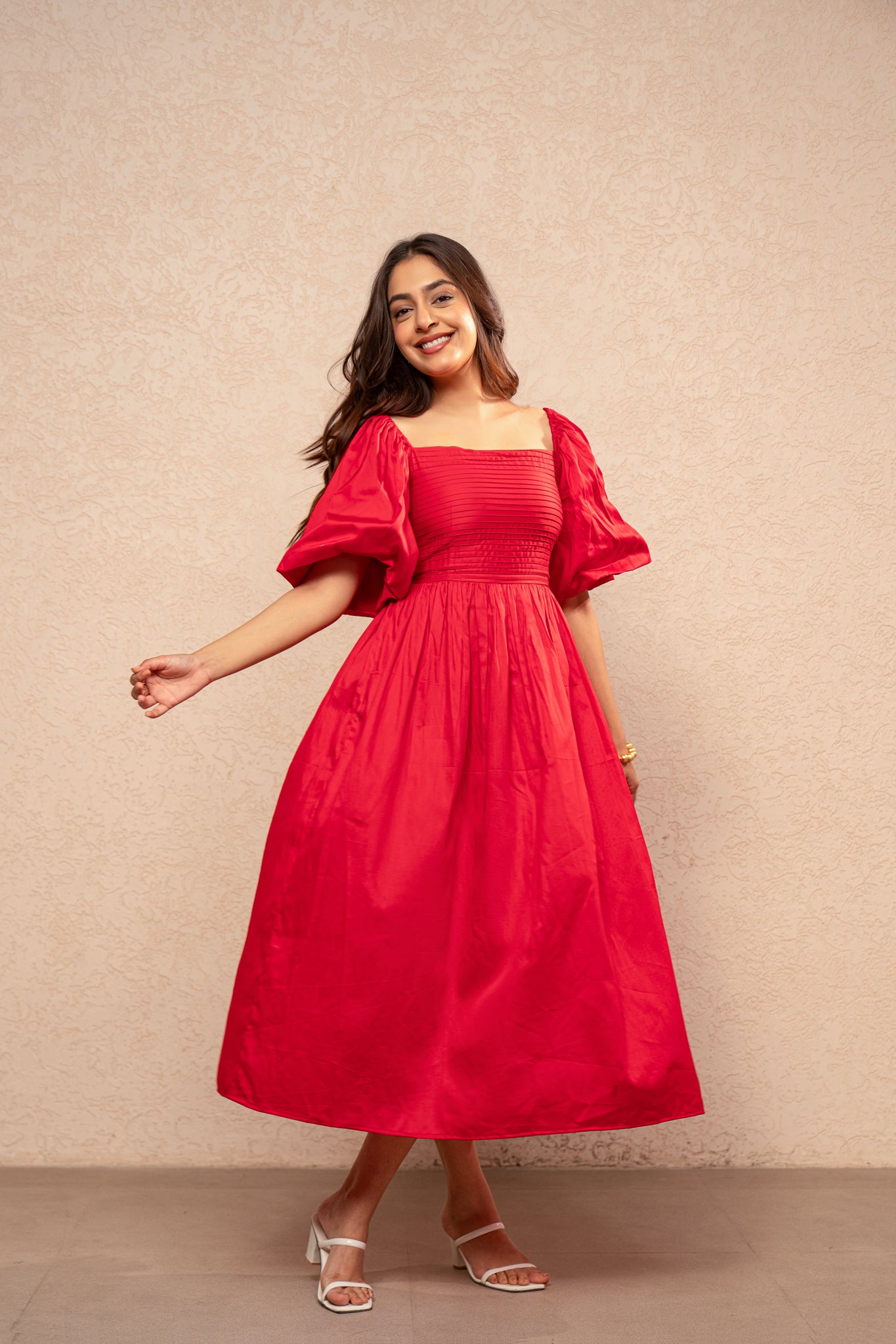 VIYARA RED COTTON A-LINE DRESS