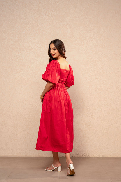 VIYARA RED COTTON A-LINE DRESS