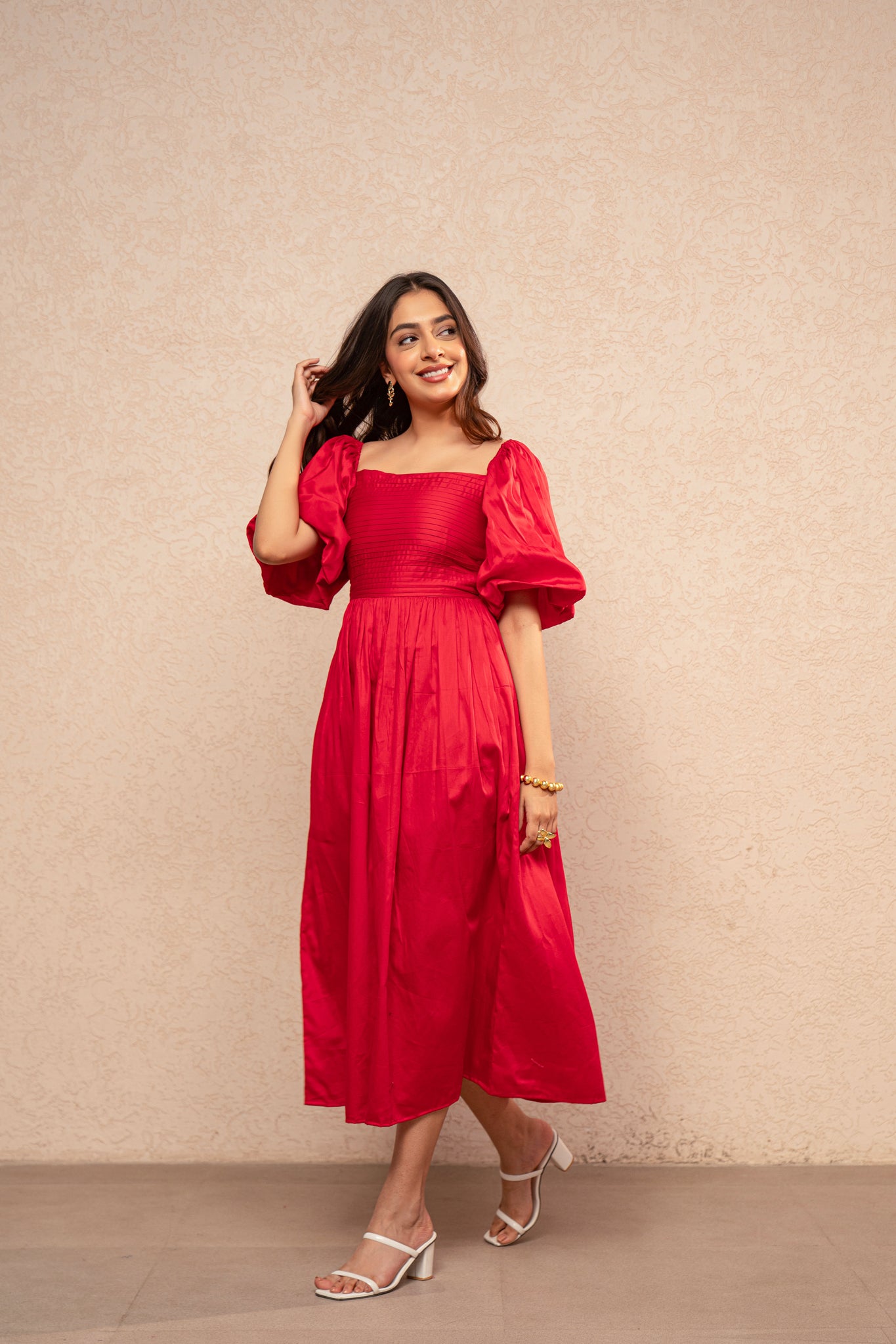 VIYARA RED COTTON A-LINE DRESS