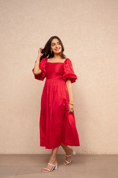 VIYARA RED COTTON A-LINE DRESS