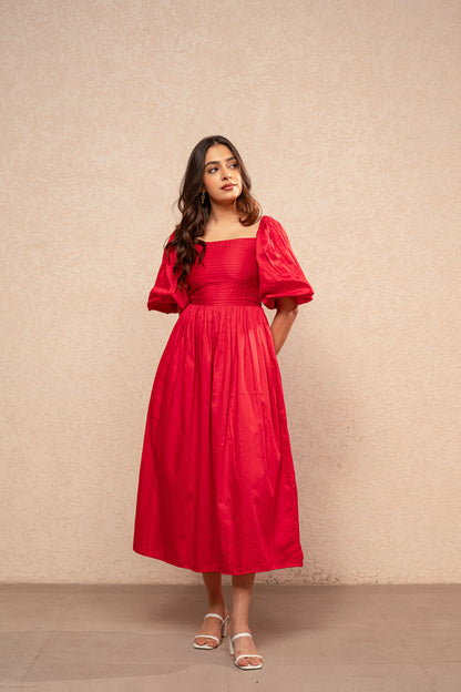 VIYARA RED COTTON A-LINE DRESS