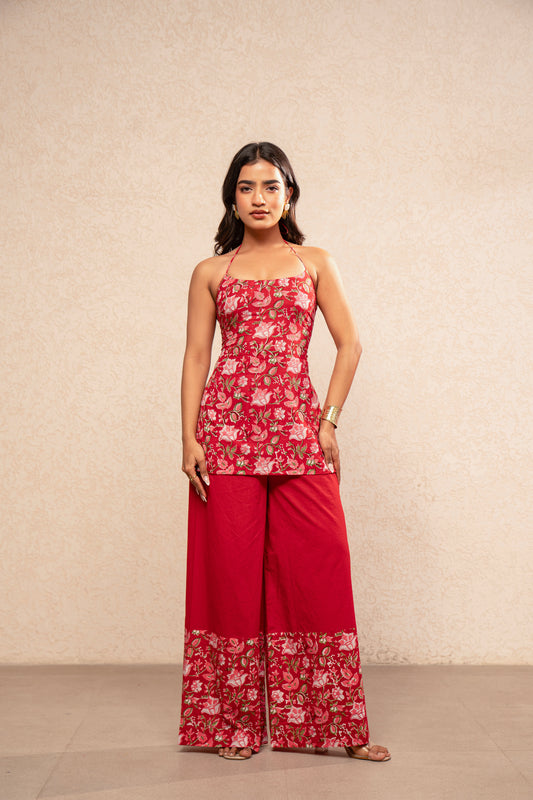 TVARA RED CORSET HALTER NECK COORD SET