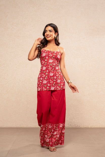 TVARA RED CORSET HALTER NECK COORD SET