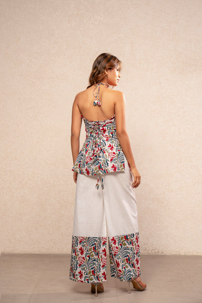 ISHIRA WHITE COTTON HALTER NECK COORD SET