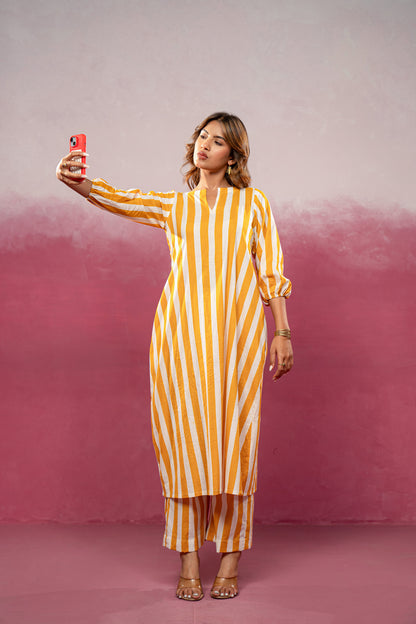 KIVIRA YELLOW STRIPED KURTA SET
