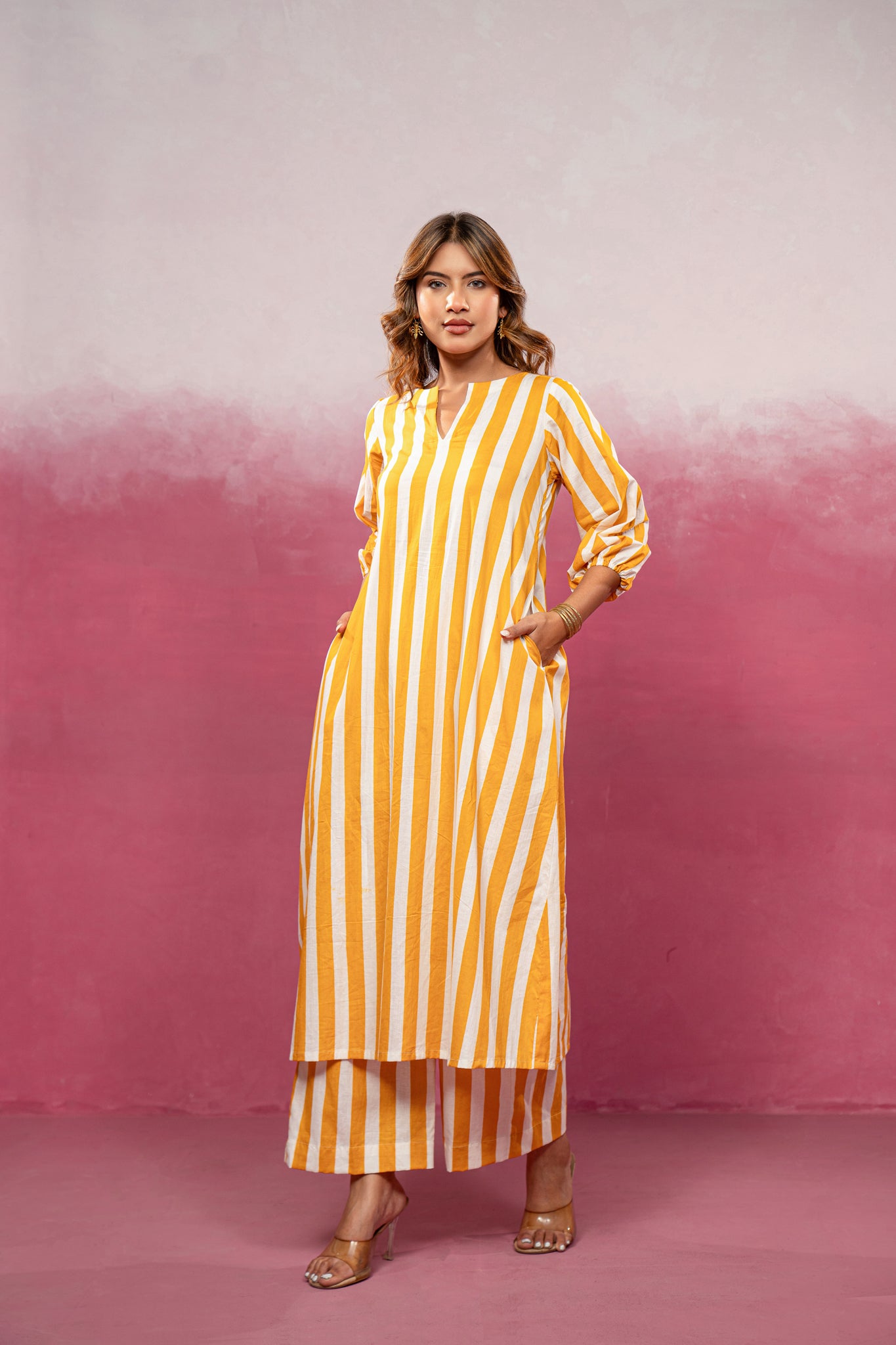 KIVIRA YELLOW STRIPED KURTA SET