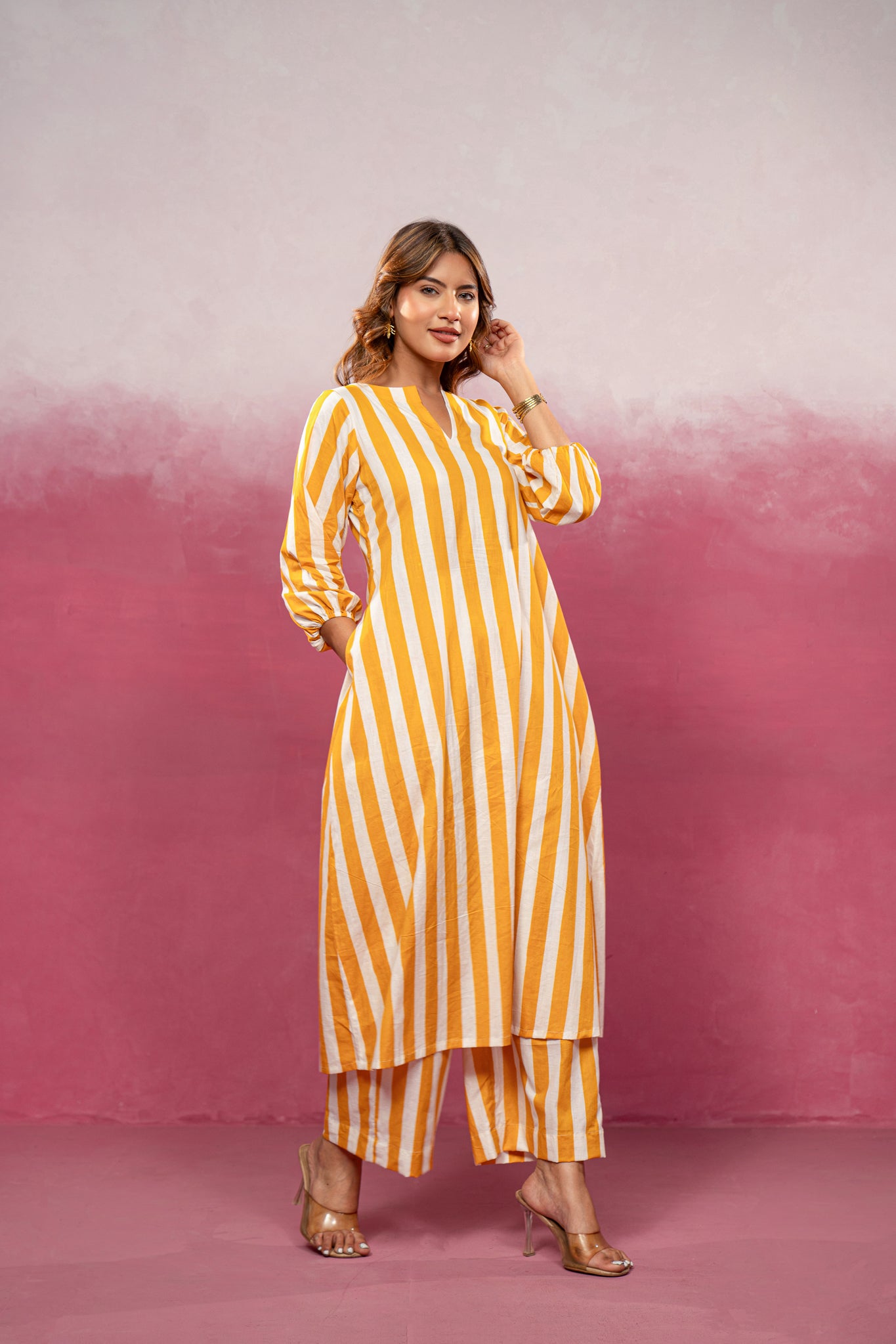 KIVIRA YELLOW STRIPED KURTA SET