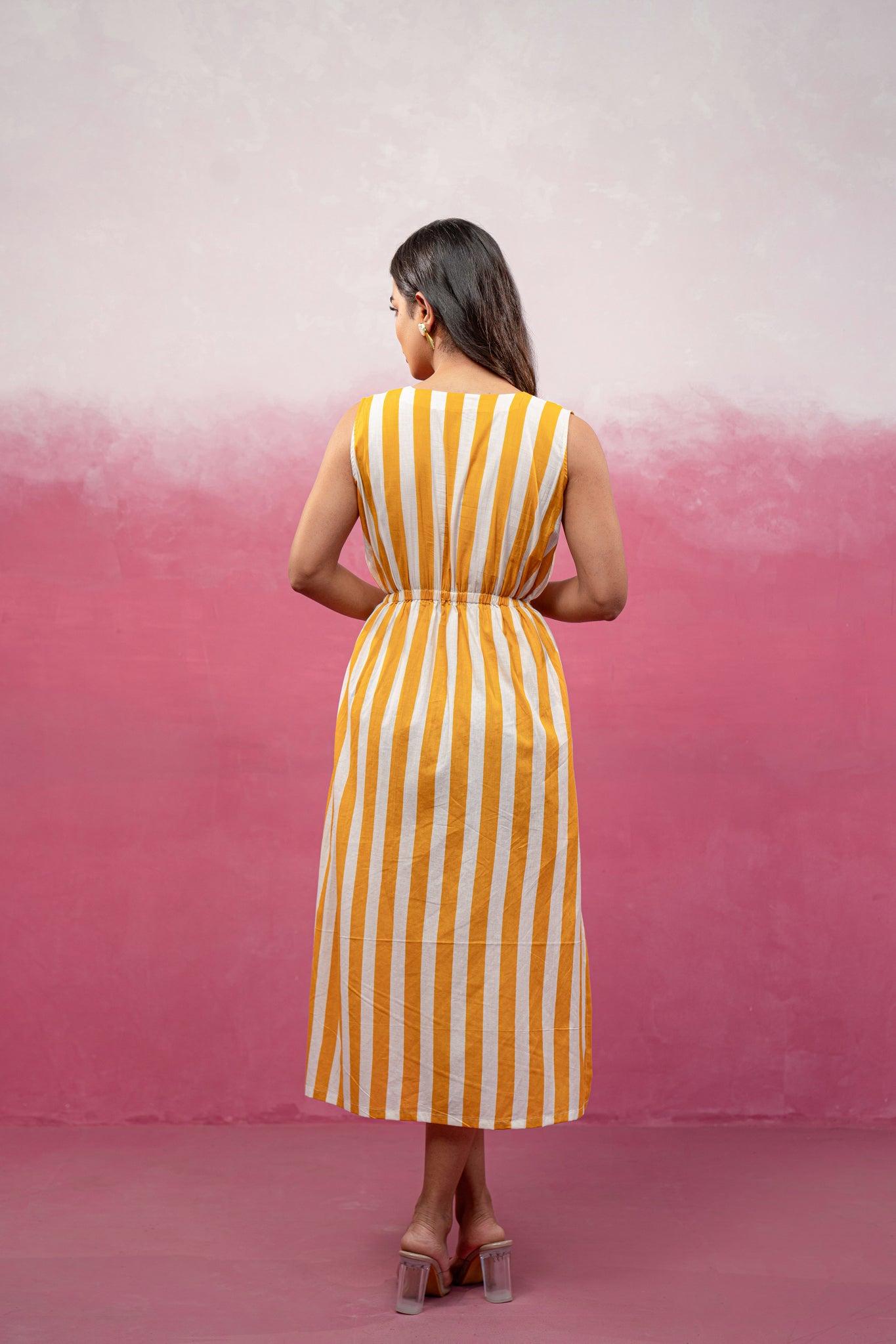 DITI YELLOW STRIPED CINCHED WAIST A-LINE DRESS