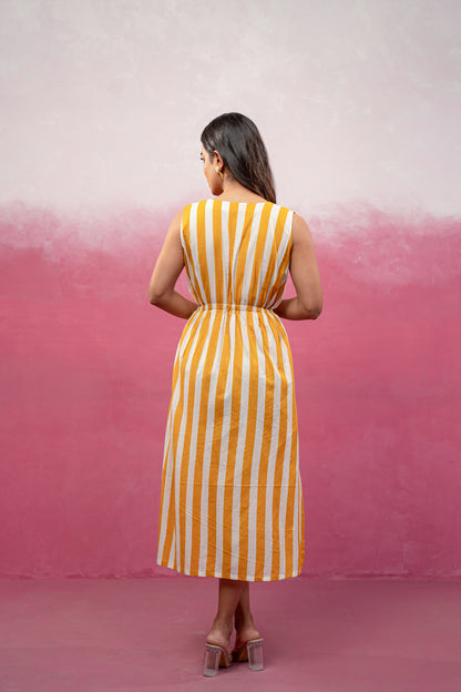 DITI YELLOW STRIPED CINCHED WAIST A-LINE DRESS