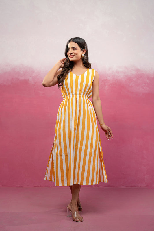 DITI YELLOW STRIPED CINCHED WAIST A-LINE DRESS