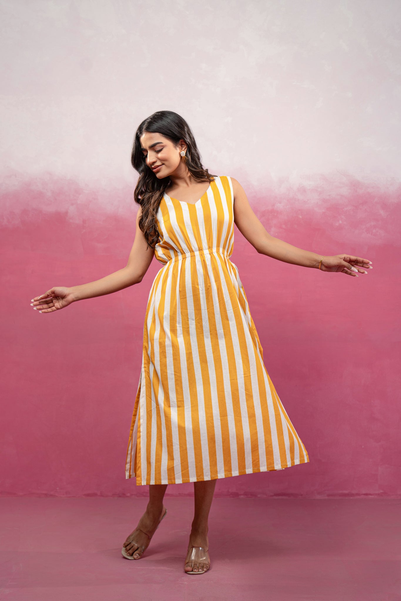 DITI YELLOW STRIPED CINCHED WAIST A-LINE DRESS