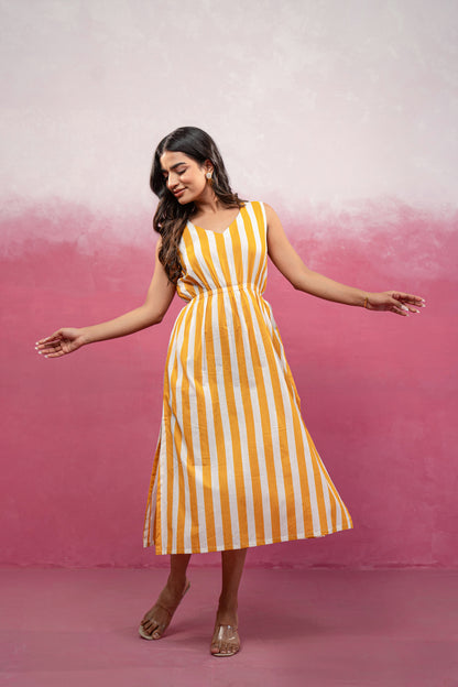 DITI YELLOW STRIPED CINCHED WAIST A-LINE DRESS