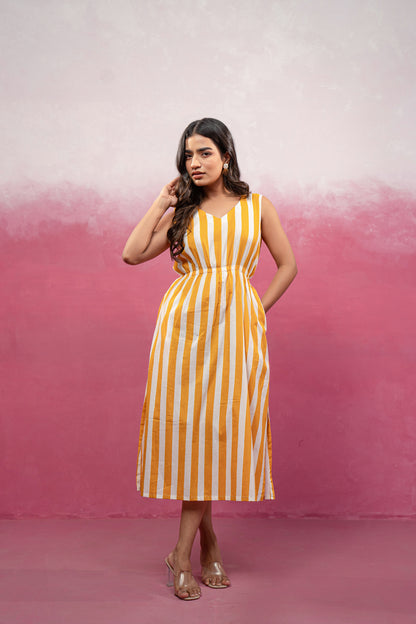 DITI YELLOW STRIPED CINCHED WAIST A-LINE DRESS