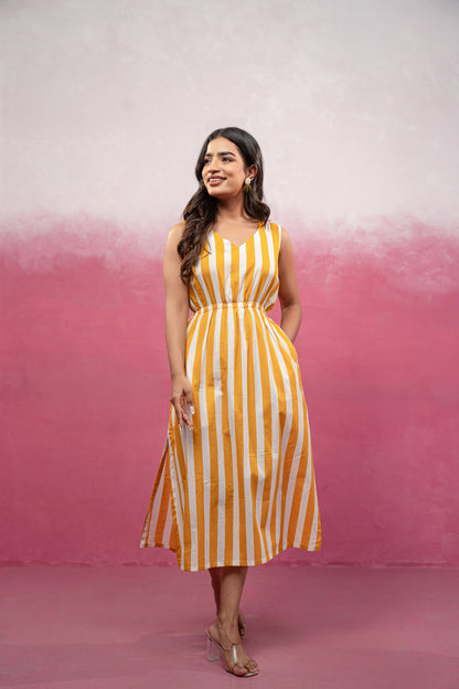 DITI YELLOW STRIPED CINCHED WAIST A-LINE DRESS