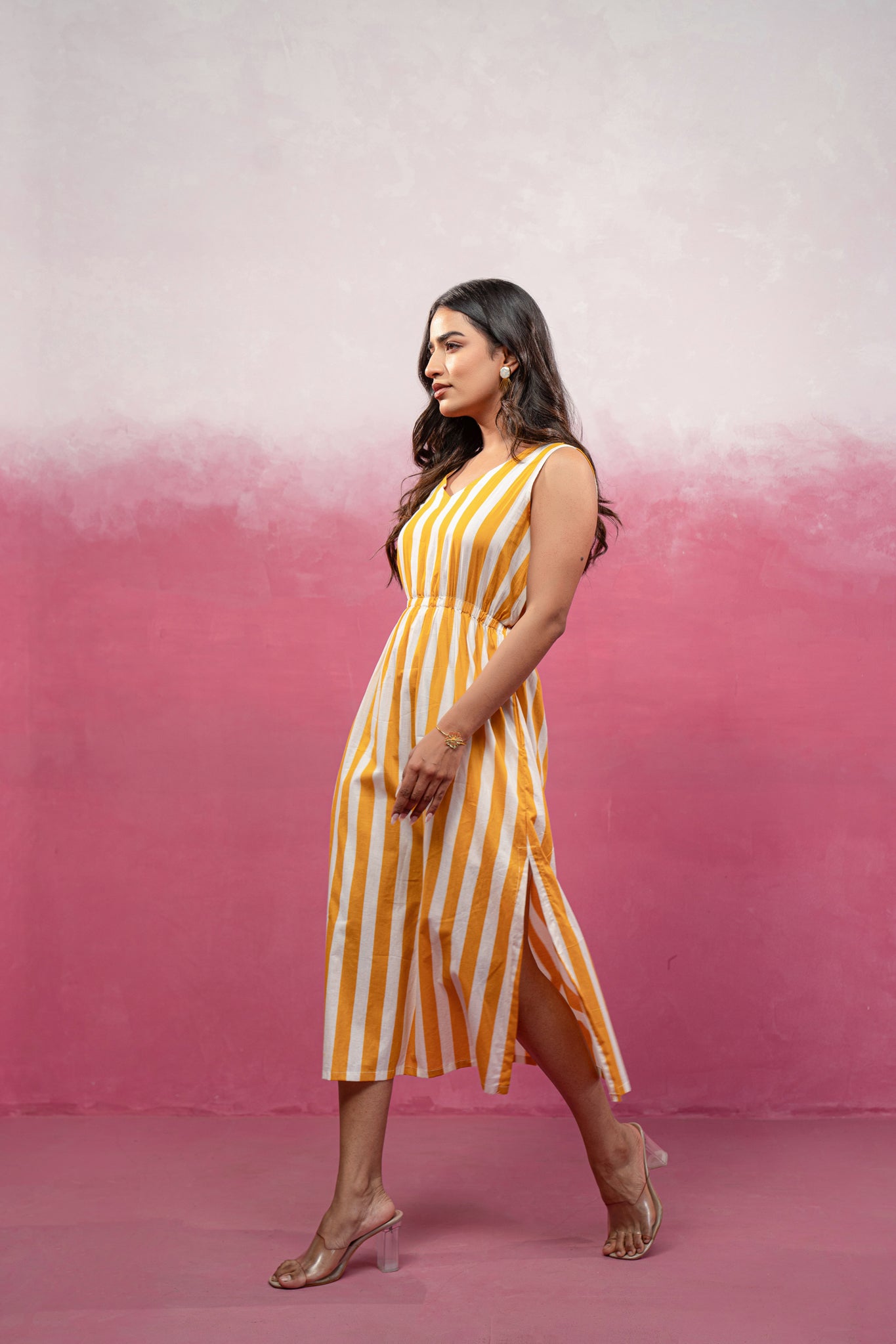 DITI YELLOW STRIPED CINCHED WAIST A-LINE DRESS