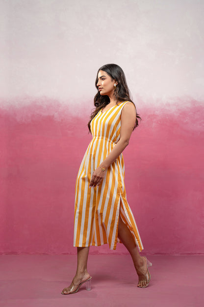DITI YELLOW STRIPED CINCHED WAIST A-LINE DRESS
