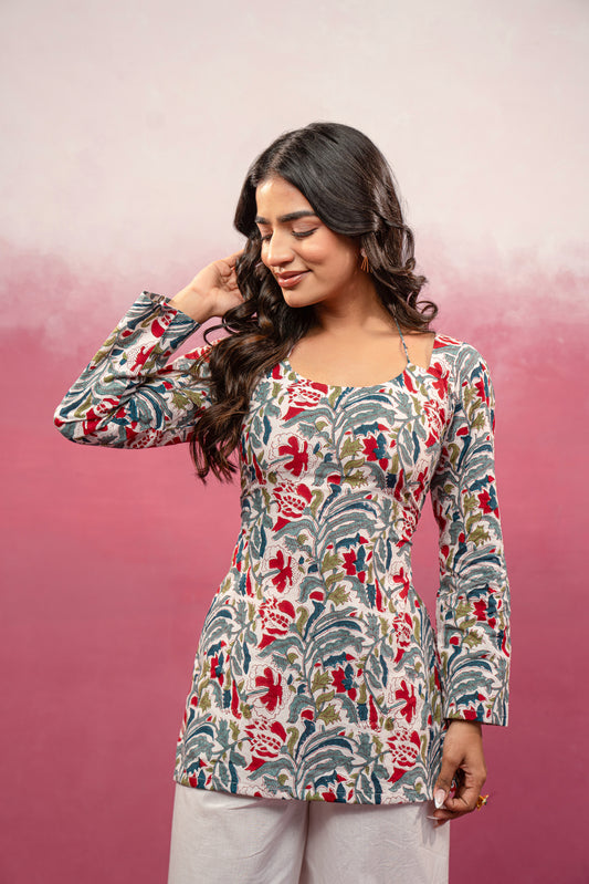 REET WHITE FLORAL FULL SLEEVES KURTI