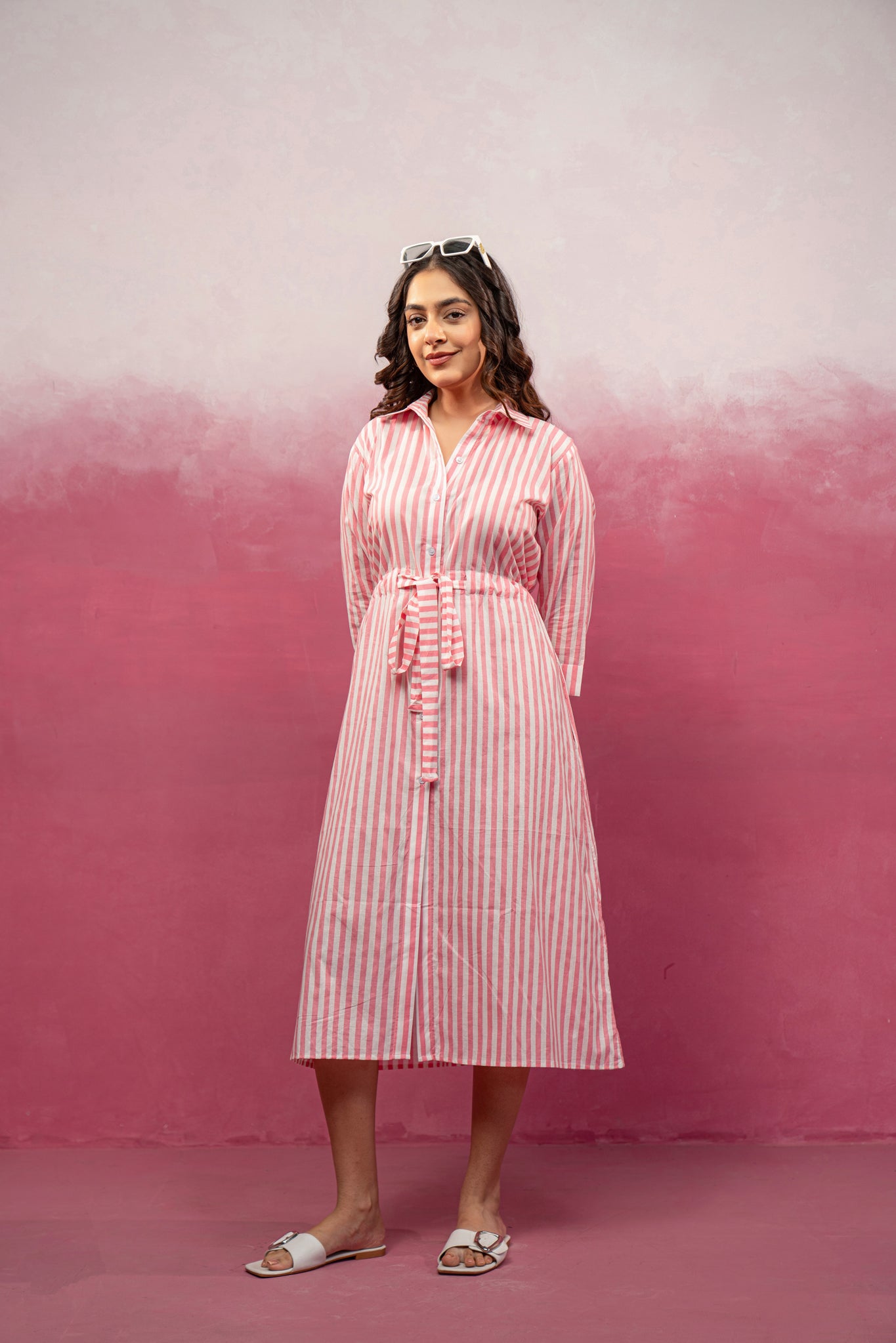 DEVINA PINK STRIPED A-LINE MAXI DRESS