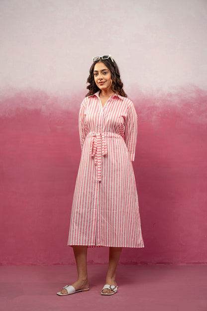 DEVINA PINK STRIPED A-LINE MAXI DRESS