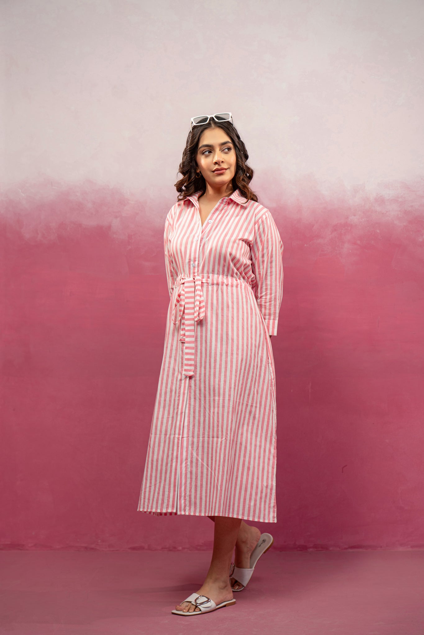 DEVINA PINK STRIPED A-LINE MAXI DRESS