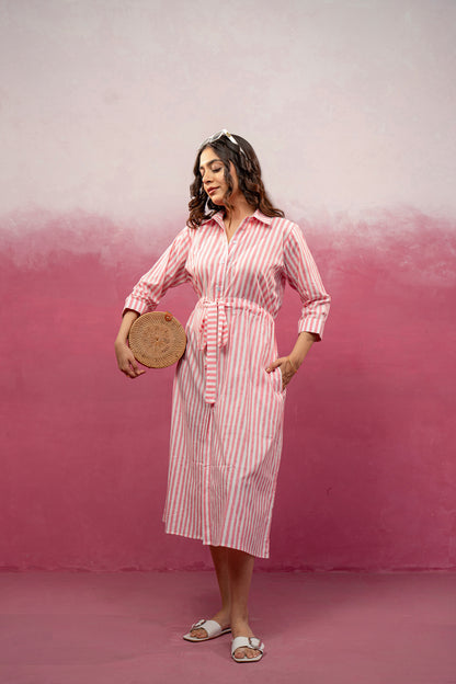 DEVINA PINK STRIPED A-LINE MAXI DRESS