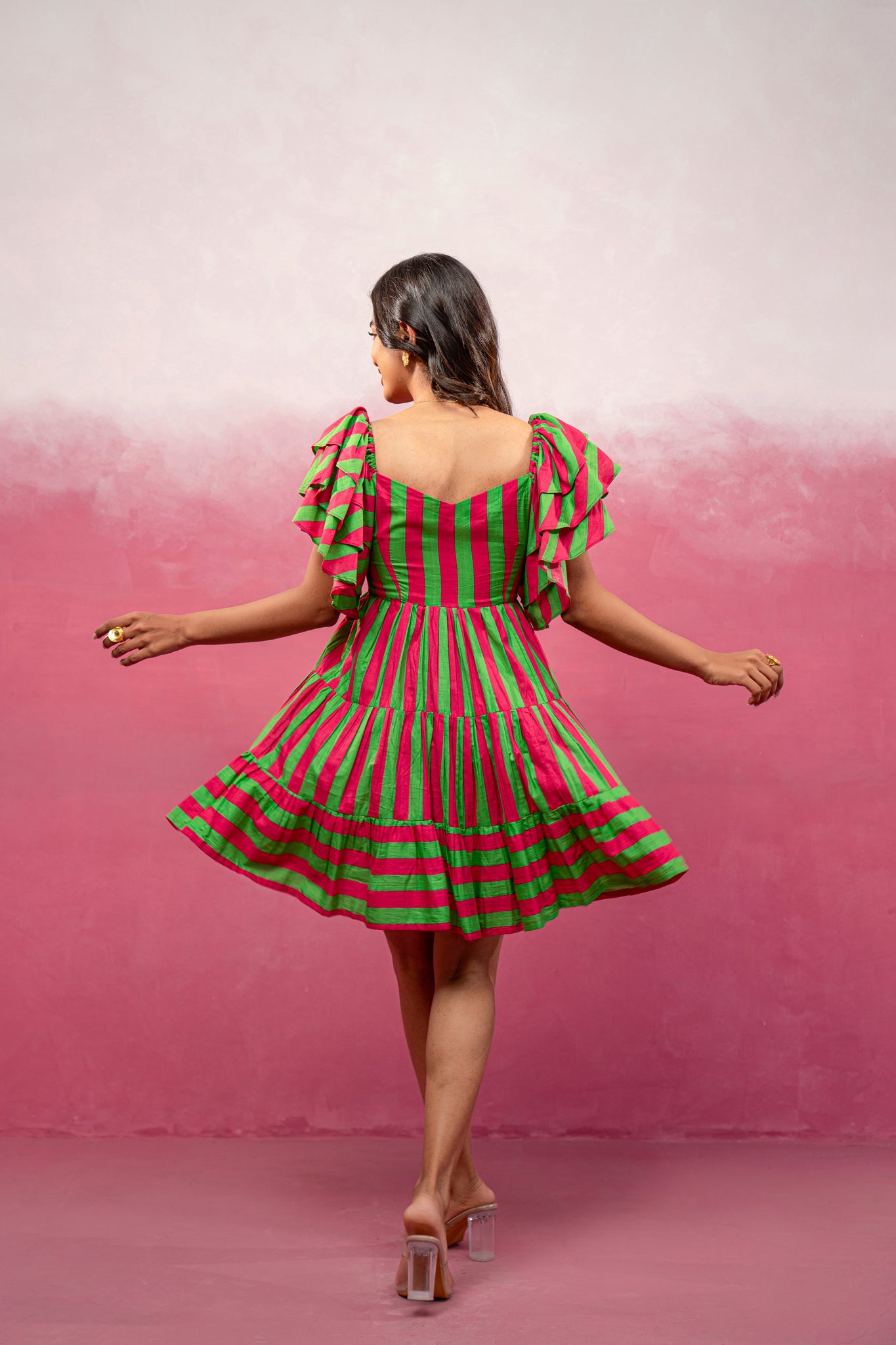 NEYRA RED-GREEN STRIPED SHORT DRESS