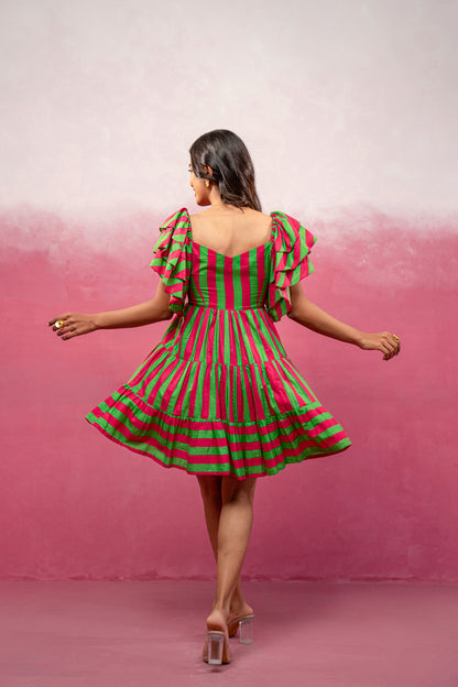NEYRA RED-GREEN STRIPED SHORT DRESS