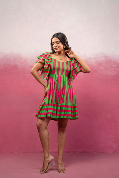 NEYRA RED-GREEN STRIPED SHORT DRESS